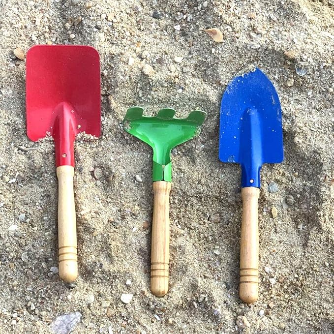 Kids Gardening Tool Set, 6PCS Gardening Tools for Kids Metal with Sturdy Wooden Handle Safe Gardening Tools 8" Children Beach Sandbox Toy