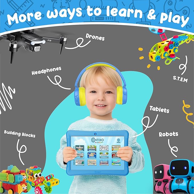 Contixo 10" Android Kids Tablet Bundle - 32GB, 80+ Disney Storybooks ($350 Value), Parental Controls, Kid-Proof Case w/Kickstand & Stylus, Headphones & Sleeve Bag - Blue