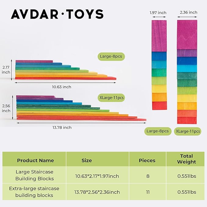 AVDAR Wooden Rainbow Stacking Toy, 8Pcs Rainbow Stacker, Montessori Educational Building Blocks, 8-Color Puzzles Blocks Steps Staircase for Boys Girls Gifts