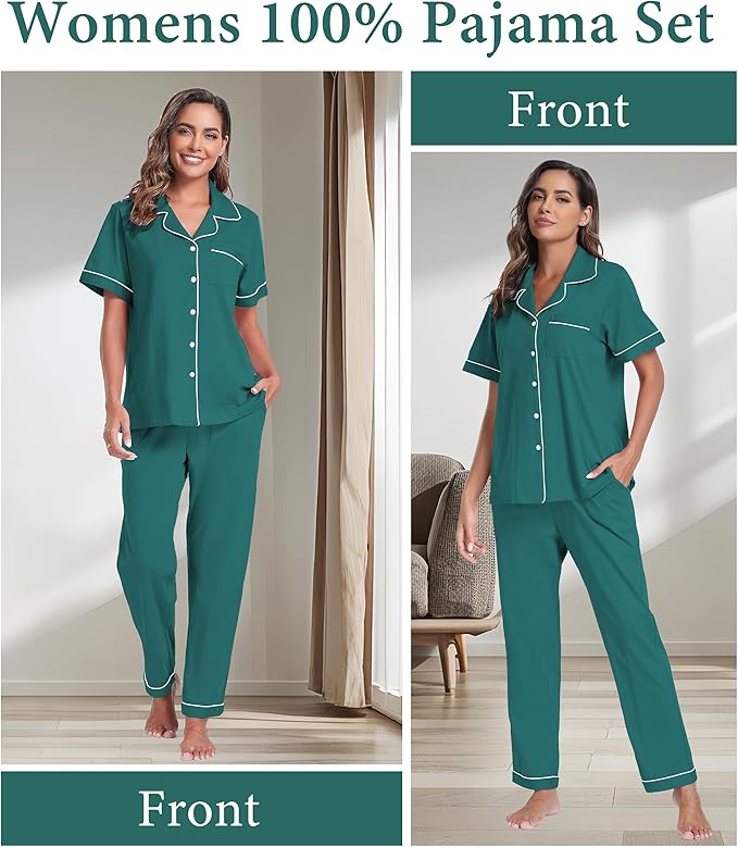 CF Womens 100% Cotton Pajamas Set Button Down Pjs Sets Short Sleeve Top & Long Pants Sleepwear Comfy Loungewear with Pockets