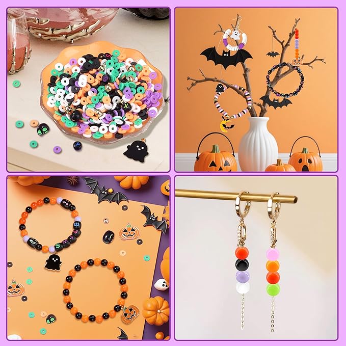 XIANNVXI 2700pcs Halloween Clay Beads Orange Purple Black White Green Jewelry Making Kit Friendship Bracelet Supplies with Halloween Pattern Clay Beads DIY Crafts Kit