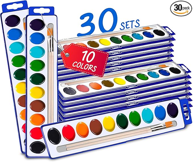 10-Color Water Color Paint Sets for Kids 30 Pack Bulk Watercolor Paint Set Washable Acuarelas Watercolor Palette Mini Paint Sets for Kids Party Favor Classroom Water Paint Kit 2 Wood Brushes Included