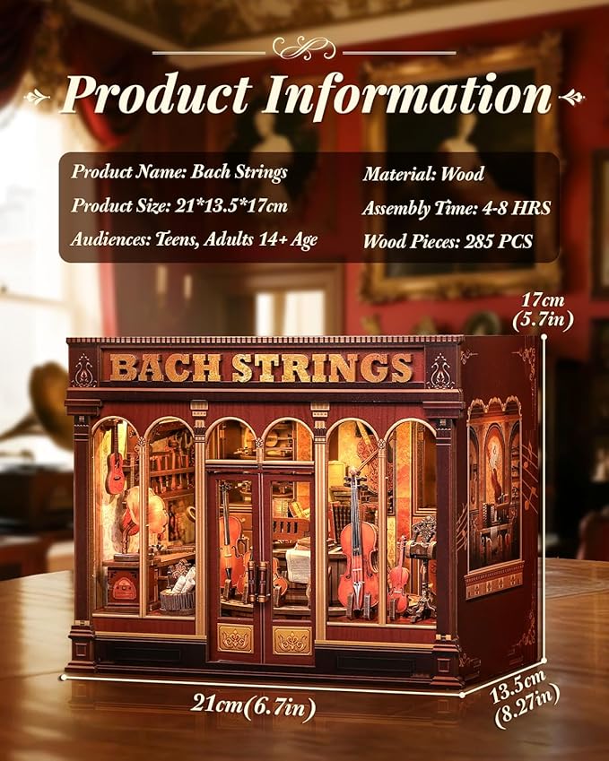 Book Nook Kit, 3D Wooden PuzzleDIY Miniature House Kits for Adult and Teens, Tiny House Building Kit Booknook Bookshelf Decor, DIY Craft Gifts for Family and Friends & Music Lovers (Bach Strings)