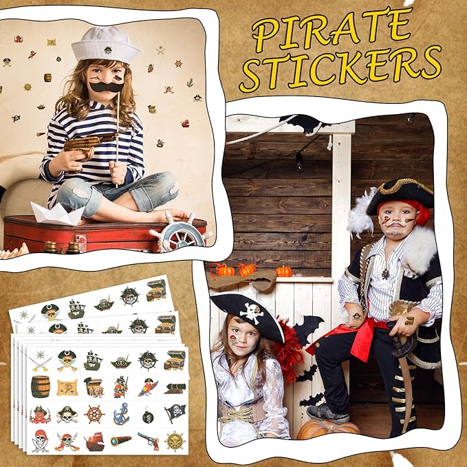 Landhoow 240 Pcs Pirate Tattoos Temporary for Kids Glitter Face Tattoos Cool Body Sticker Costume Accessory for Adults Boys Girls Party Favor