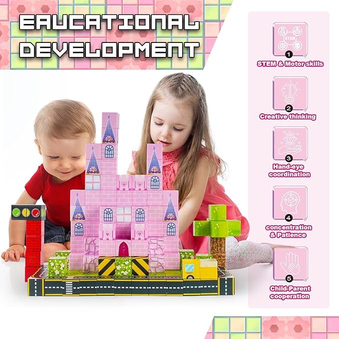 Magnetic Blocks 96 PCS Magnet World Princess Pink Castle World,Toys for 3+ Years Old Girls Boys, Montessori Sensory STEM Preschool Outdoor Toddler Toys, Christmas Birthday Gifts for Kids