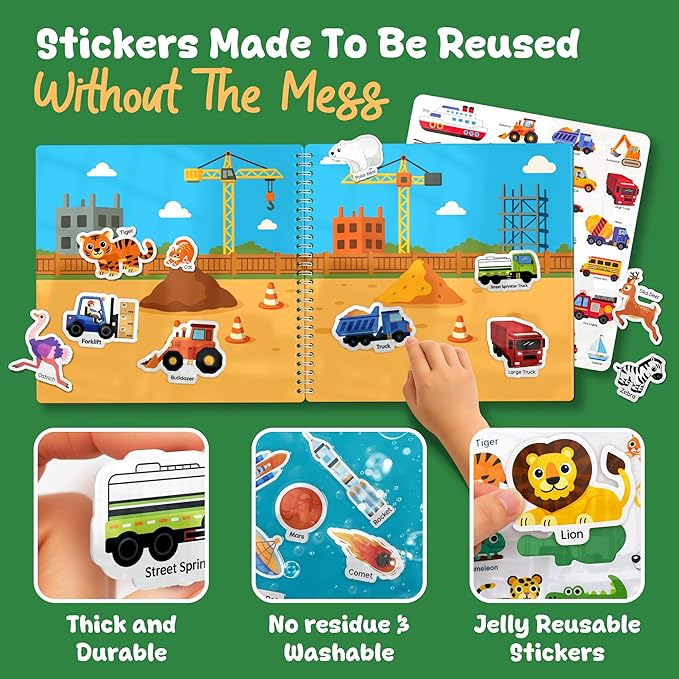 Excool Club Pack 3 Toddler Reusable Sticker Book - Waterproof Jelly Sticker Book for Kids, Dinosaur, Vehicle, Animal Stickers Books Travel Toys Activities, Cute Birthday Gifts for Boy Girl