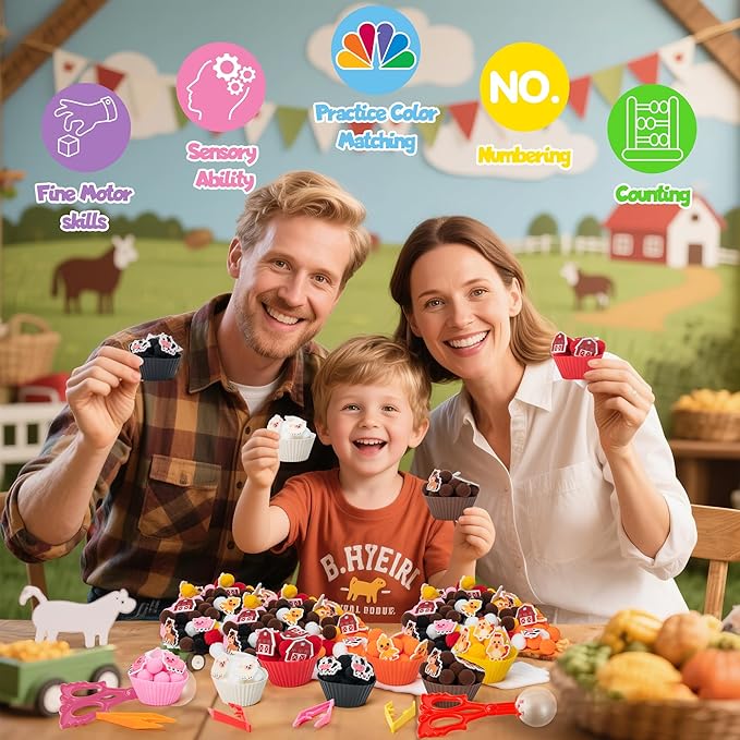 EZdhuawuse Farm Animals Sensory Bin Fillers - 301 Fall Animals Fine Motor Toys Sorting Stacking Toys for Kids, Felt Pig Horse Sheep Pom Poms Cup Clip for Preschool Education Early Development Activity