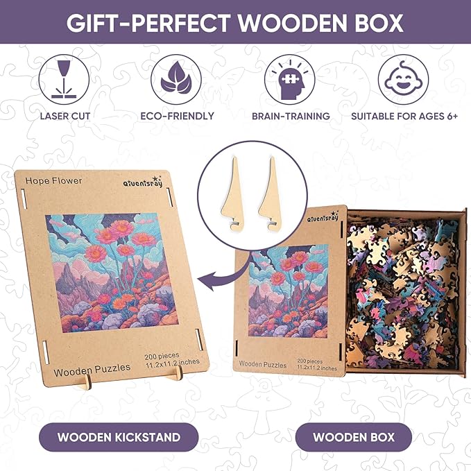 Wooden Jigsaw Puzzles-Hope Flower,200pcs,12.4x11.4in,Medium,Wooden Puzzles for Adults,Unique Shape Animal Adult Puzzles,Irregular Wood Puzzles Best Gift for Adults and Kids Family Gam