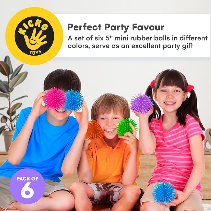 Kicko Puffer Balls - Assorted Colors, Spiky Balls for Kids, Sensory Game, Stress Relief - 5.5'' - 6 Pack