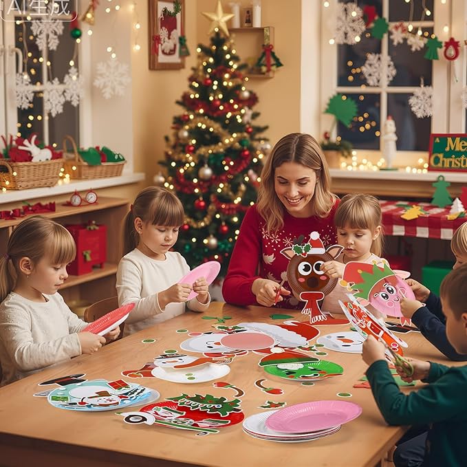 Funnymoom 24 Pcs Arts and Crafts for Kids, Halloween Plate Craft Kits Christmas Arts Craft Animal DIY Plate Kit for Halloween Xmas Holiday Party Girl Boy Preschool Classroom DIY Project(Vivid)