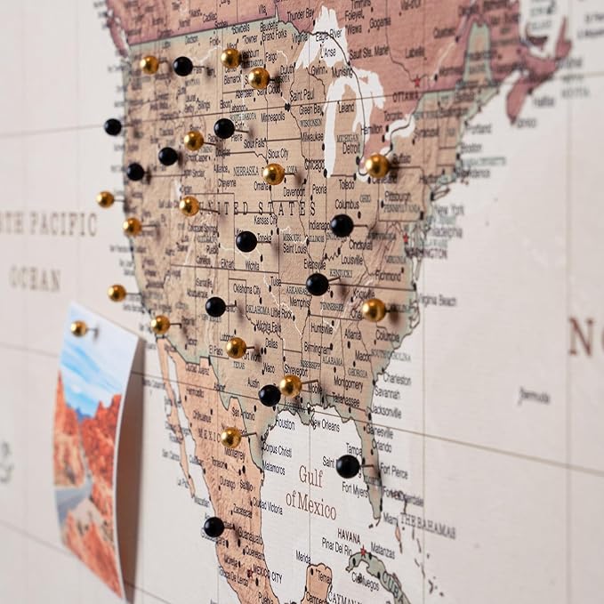 Canvas World Map with Cork Pin Board - English Lettering - Decorative Wall Decoration for All Rooms - Canvas Pictures with World Map Motif (90x60 cm, Pattern 16)