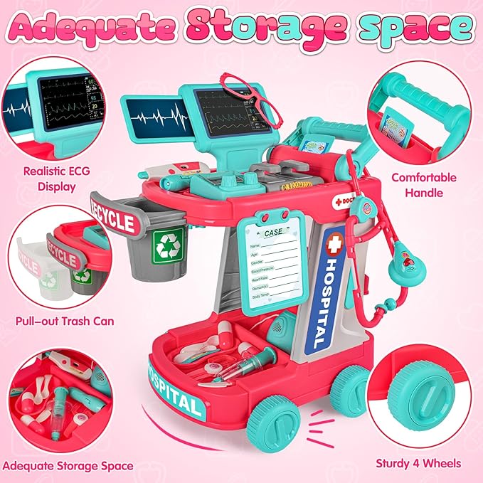 Upgraded Doctor Pretend Playset for Toddlers, Pretend Play Medical Toy Doctor Cart, Doctor Toy for Toddlers 3-5, Christmas Birthday Costume Role Play Dress Up Gift Ideas for Boys Girls