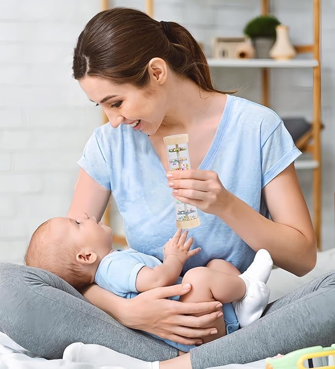 Oneshow Wooden Rain Stick Montessori Toys for Babies 6-12 Months, Rain Sticks for Kids, Baby Rattle Sensory Toy with Calming Rain Sounds, Toddler Educational Gifts for 1 Year Old - 6.8"