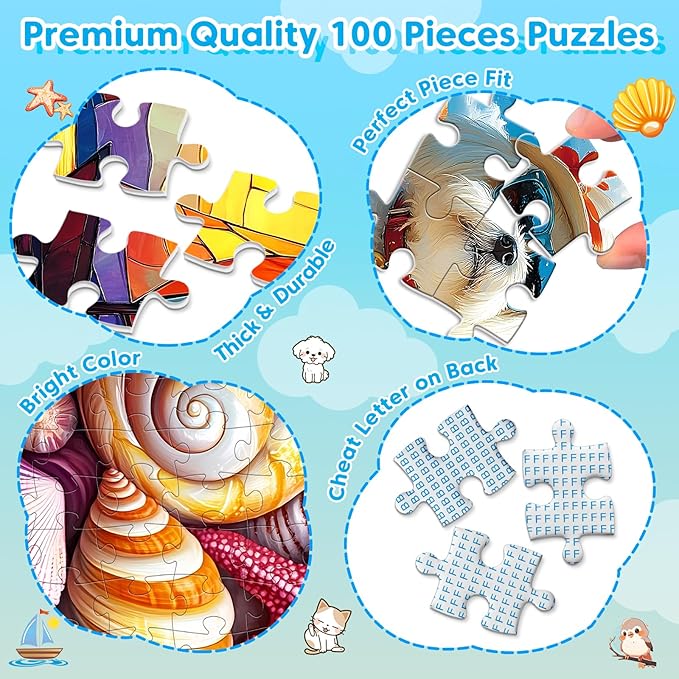 4-Pack 100 Piece Puzzles for Kids Ages 4-6 6-8 8-10, Shells Sailboat Cats & Dogs Jigsaw Puzzles, Fun & Engaging Kids Puzzle, for Boys and Girls Puzzle Toys as Home Decor