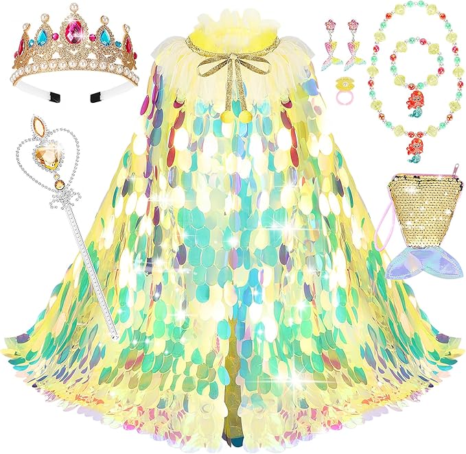 Princess Dress Up Toys Princess Dress Up Clothes Rainbow Mermaid Cape Kit 9 Pcs Gift Set for Little Girls 3-8 Years