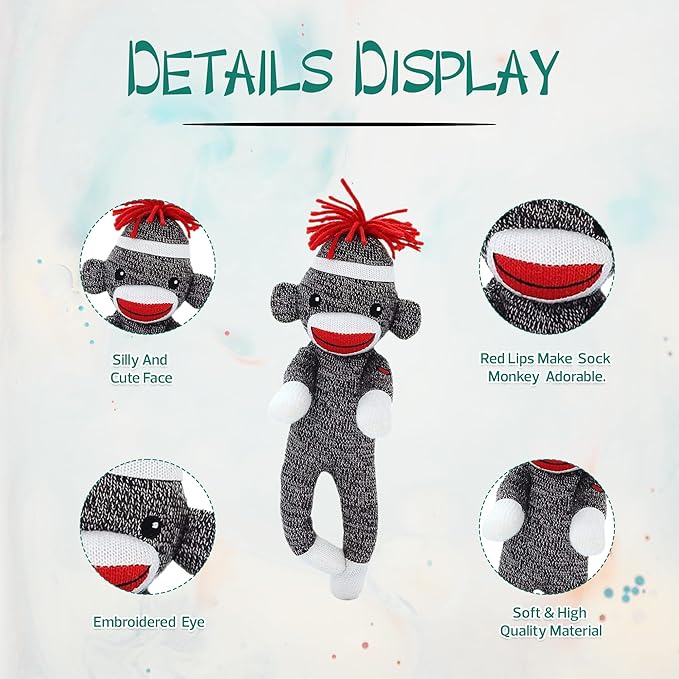 Adorable Sock Monkey 8 inch, The Original Traditional Hand Knitted Stuffed Animal Toy Gift-for Kids, Babies, Teens, Girls and Boys Baby Doll Present Puppet (Brown 8inch)