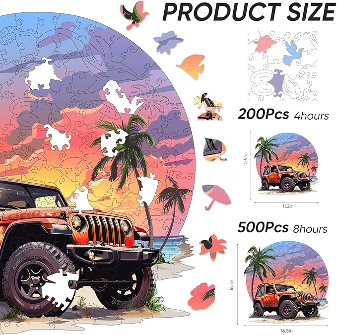 Wooden Puzzles Seaside Car, 200pcs, 12.4x11.4in, Wooden Puzzles for Adults, Unique Shape Animal Adult Puzzles, Irregular Wood Puzzles Best Gift for Adults Family Game