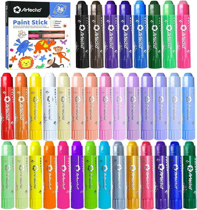 Tempera Paint Sticks, 36 Colors Washable Paint Sticks for Kids Including 12 Vibrant Colors, 12 Pastel Colors, 6 Neon Colors and 6 Metallic Colors