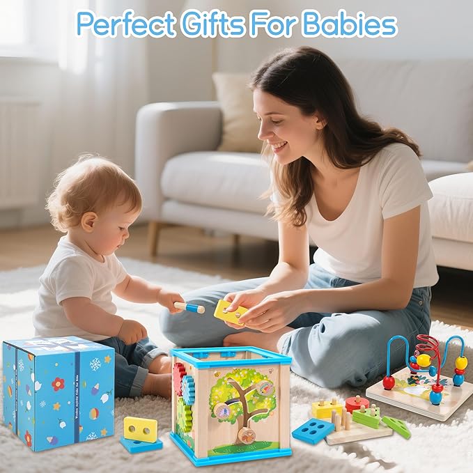 Wooden 7-in-1 Activity Cube, Montessori Toys for 1 Year Old Toddlers, Baby Educational Developmental Toys, One Year Old Boys Girls First Birthday Gifts with Bonus Sorting & Stacking Board