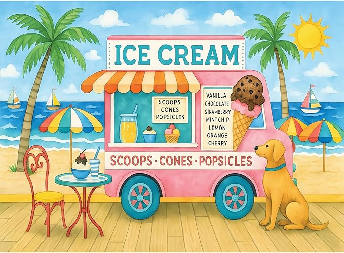 300 Piece Puzzles for Adults, Colorful Ice Cream Truck Puzzles for Adults, Cute Beach Scene with Dog 300 Piece Jigsaw Puzzle, Ideal Home Decor Gift for Adults Kids Seniors, 20.5×15 in