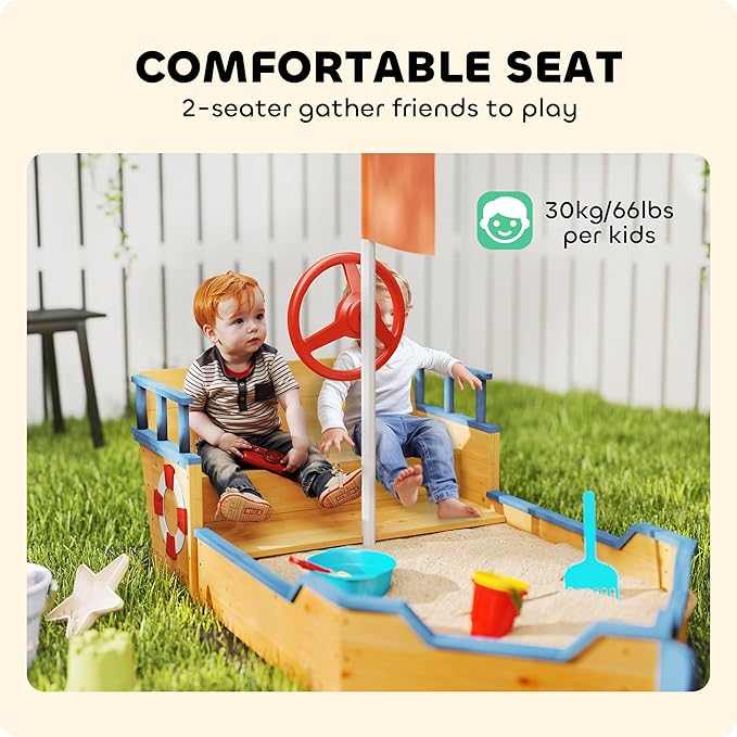 Outsunny Wooden Kids Sandbox, Pirate Ship Outdoor Sandboat with Bench Seats, Storage, Non-Woven Fabric Cloth for Backyard, Lawn, Natural Wood
