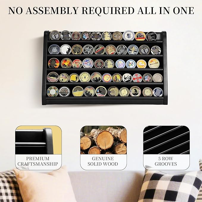 5 Rows Challenge Coin Holder Display Stand Holds 50 Coins for Wall Mount or Tabletop, Solid Wood Military Coin Rack Display Case for Army Collectibles, Black