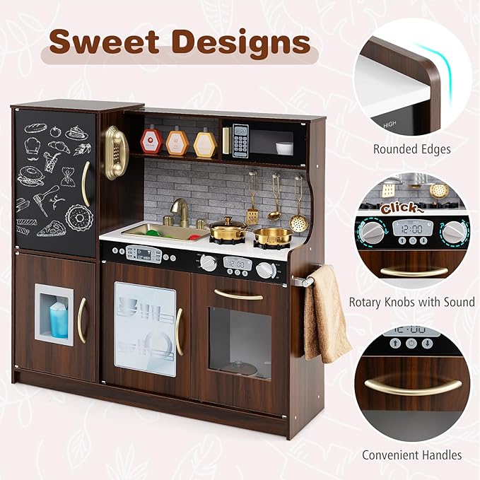 Costzon Kids Kitchen Playset, Wooden Pretend Cooking Toy Set w/Real Sound, Large Blackboard, Telephone, Microwave, Ice Maker, Dishwasher, Oven, Storage Space, Play Kitchen for Kids Ages 3+ (Brown)