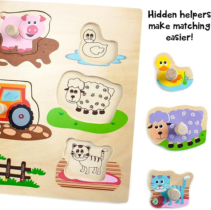 Professor Poplar’s Wooden Barnyard Peg Puzzle (8pcs.) - Wood Learning Puzzles for Toddlers and Kids, Animal Themed