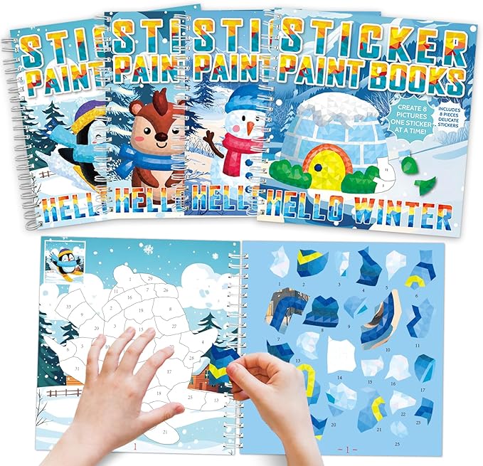 6Pcs Hello Winter Paint by Sticker Books for Kids Ages 4-8 Sticker by Number Books Activity Book for Kids Ages 3-5 Sticker Puzzle Book Xmas Craft Art Toddler Girl Gift with Snowman Penguin 48 Pictures