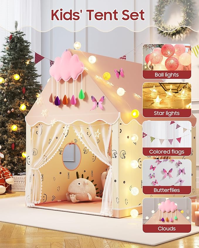 Kids Play Tent, Princess Tent Indoor Playhouse Set with Star Lights, Ball Lights, Colorful Flags, Butterflies, Clouds - Pink Tents for Kids Toddle Castle for Girls Toy House Gift