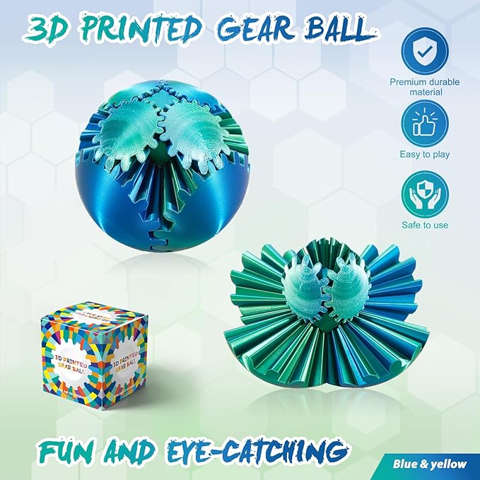 Gear Ball-3D Printed Gear Sphere,3D Printed Spin Ball Cube Fidget Toy,The Steampunk Whirling Wonder Fidget Ball Toy (Blue Green)