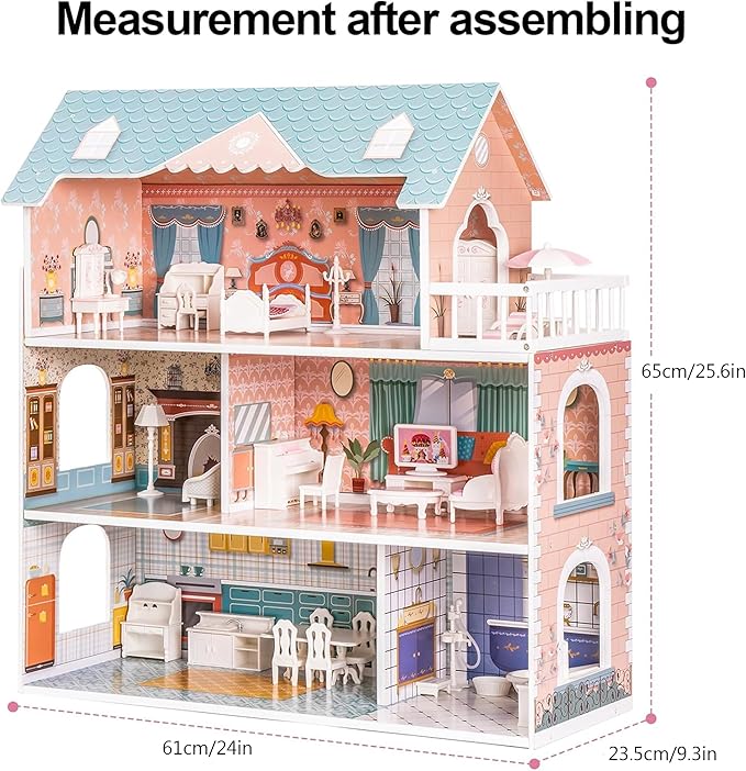 ROBUD Wooden Dollhouse for Kids Girls, Toy Gift for 3 4 5 6 Years Old, with Furniture