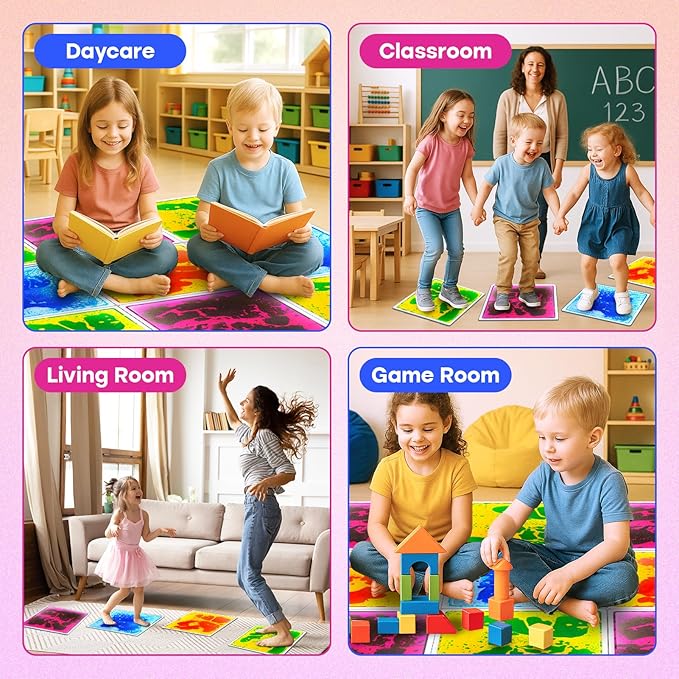 Sensory Floor Tiles for Kids Toddlers: 12"x12" Liquid Sensory Mats Puzzle Pads, Colorful Autism Sensory Play Mat for Dancing Stepping Lava Tile Games, Daycare Sensory Room Preschool Must Have(4 Pack)