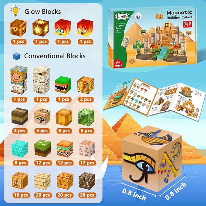 Magnetic Blocks -150 PCS Magnetic Building Blocks with 4 pcs Light Blocks 0.8",Stacking Mine Magnet Desert World Craft Cubes Toddler Kids STEM Toys,Birthday for Boys & Girls Age 3 4 5 6 7 8-12 Years