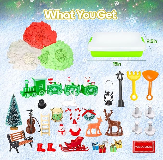 Christmas Sensory Bin Toys for Toddler Kids Age 3-8, Sand Art Play Kits with Xmas Figurine Ornaments, Preschool Learning Sandbox Toys for Winter Activities, Stocking Stuffers Gifts for Boys Girls