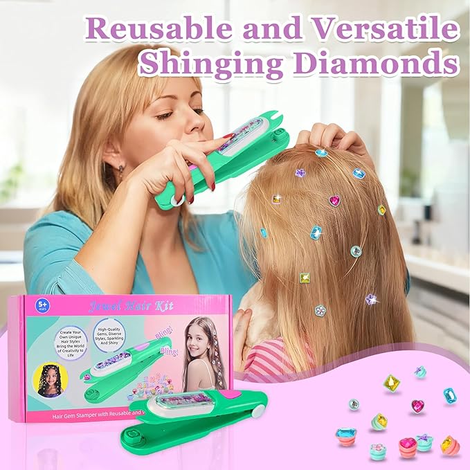 Hair Gem Stamper Kit,Bling Hair Jewels for Girls, Hair Styling Tool with Reusable Shining Diamonds, Christmas Birthday Arts & Crafts Gift for 5-12 Year Old Girl (Green)