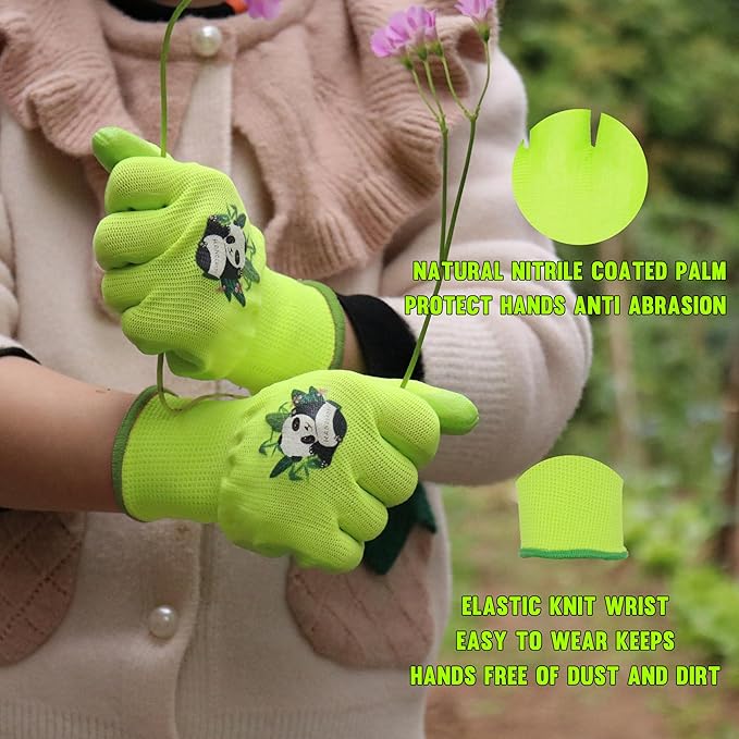 HANDLANDY 2 Pairs Kids Gardening Gloves, Toddler Children Garden Yard Work Outdoor Playing Gloves, Rubber Coating, for Girls Boys Youth (Size M, Green)