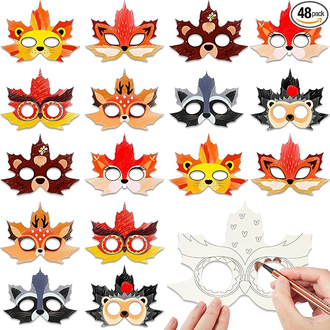 Funrous 48 Pcs Fall Craft Kits Autumn Maple Leaf DIY Mask Color Your Own Animal Blank Painting Paper Mask Thanksgiving Craft
