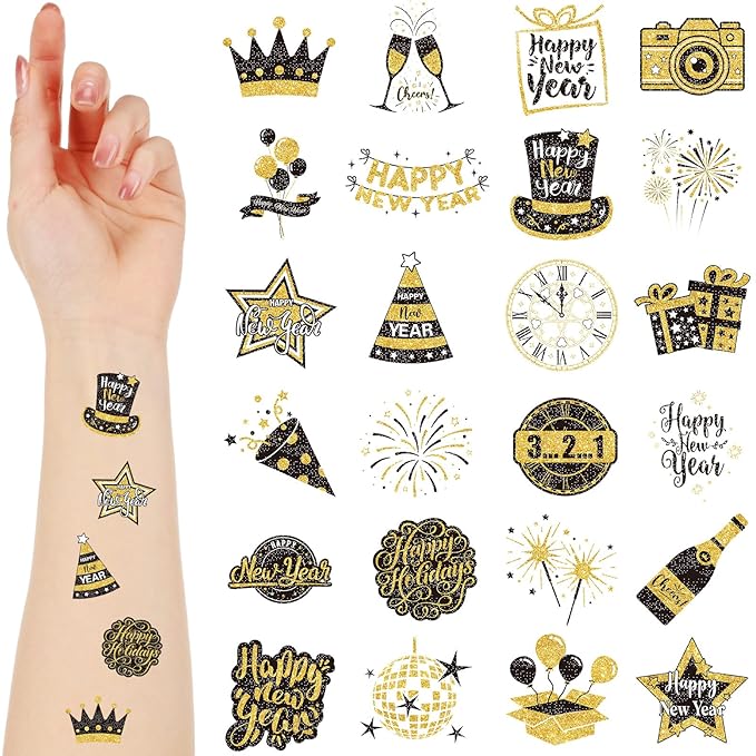 Landhoow 240 Pcs 2026 Happy New Year Tattoos Temporary Stickers Glitter New Year's Eve Face Tattoos Cool Body Sticker 2026 Themed Party Costume Accessory Tattoo Party Favor
