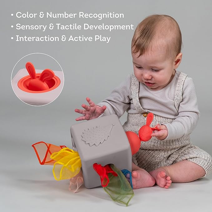 Taf Toys Baby Tissue Box Montessori Toys for Babies - Sensory & Motor Skills Development Silicone Toy with 10 Fabric Tissues, Pop-Up Bunny, Toys for 1 Year Old Boy Girl Preschool Toy