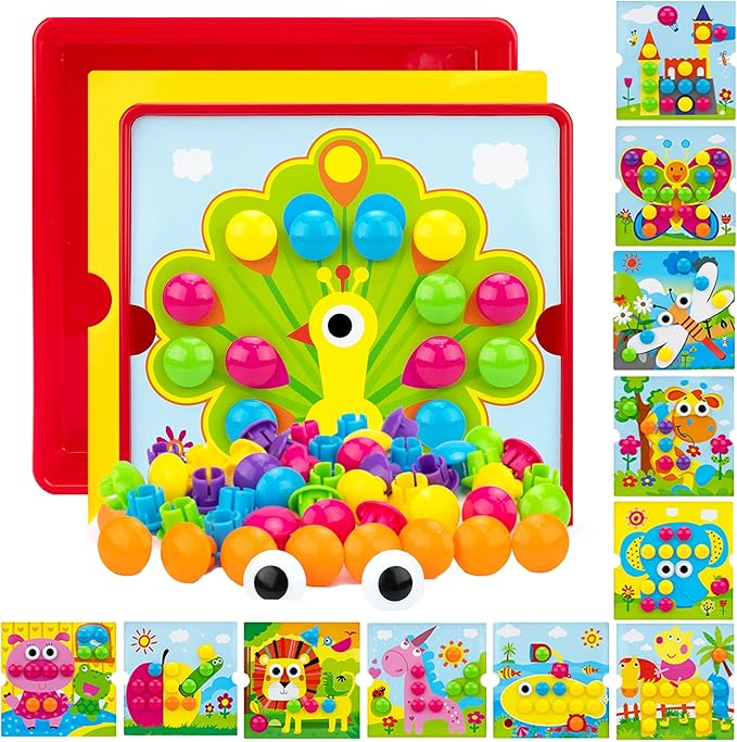 Button Art Toys for Toddlers Ages 3-5, Early Learning Educational Toys, Color Matching Mosaic Pegboard, Fine Motor Skills Game, Preschool Learning Crafts Activity Gifts for Boys & Girls 3+