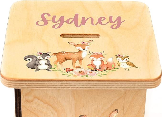 Wooden Piggy Bank for Kids and Adults, Personalized Gift Handmade in USA by BloomOwl, Custom Piggy Bank, Personalized Banks for Kids, Gifts for Baby Boys and Girls (Woodland- Girl)