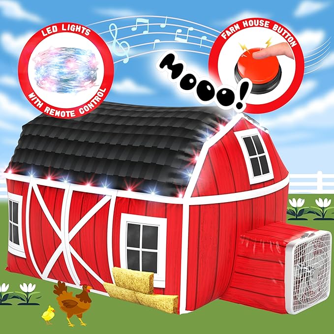 W&O Farmhouse Barn Aerodome with LED Lights & Farm Sound Button – Inflatable Farm Play Tent – Kids Play Tent Indoor – Sets Up in Seconds for Ages 3-12 (Fan Not Included)