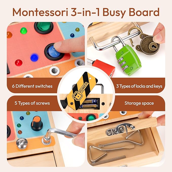 Woodtoe 3-in-1 Busy Board with LED Light Switch, Montessori Toys for 3 4 5 Year Old, Montessori Screwdriver Board Set, Lock and Key Toy, Preschool Learning Sensory, Fine Motor STEM Toys for Toddlers