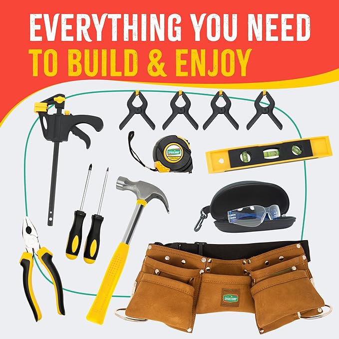SparkJump Deluxe Kids Tool Set, Real Tools with Leather Tool Belt & Tool Box, Beginner Tool Kit for Boys & Girls Ages 4-6 & Up, Brown Ultimate Tool Set