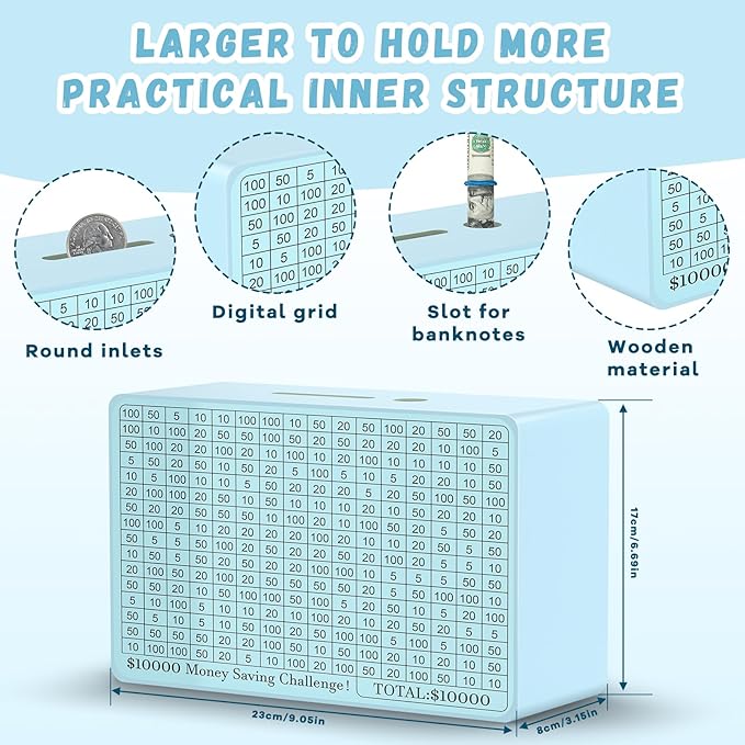 Wooden Money Saving Box, Cash Vault Savings Box for $10000 $5000 $3000 $1000 $800 $500 Target Money Saving Challenge, Reusable Money Box with Counter, Dry Erase Pen/Savings Trackers/Rubber Band-Blue