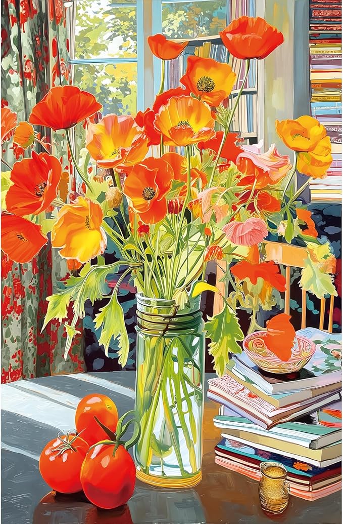 500 Piece Jigsaw Puzzle for Adults Orange Floral Art Premium 15"x23" Beautiful Flowers Large Piece Puzzle with Books Tomatoes Still Life Challenging Gift for Women, Men, Puzzle Lovers