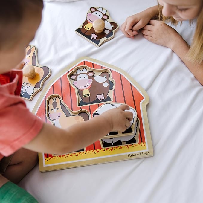 Melissa & Doug Barnyard Animals Jumbo Knob Puzzle, Wooden Peg Puzzle for Toddlers, Educational Toy for Shape Recognition and Fine Motor Skills, Ages 1+