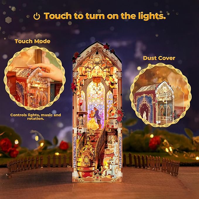 Tonecheer DIY Book Nook Kit for Adults, 3D Wooden Puzzle Music Booknook Miniature Dollhouse, Fairy Tale Bookend Bookshelf Decor with Dust Cover and LED Lights Gifts (Beast‌ and Beauty)