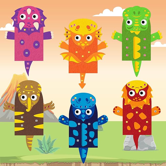 WATINC 6Pcs Hand Puppet Making Kit, Art Craft Felt Sock Puppet Toys, Creative DIY Make Your Own Pompoms Wiggle Googly Eyes Storytelling Role Play Party Supplies Gift for Girls Boys (Dinosaurs A)